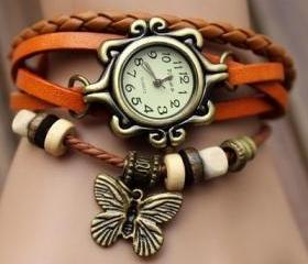 Handmade Vintage Quartz Weave Around Leather Bracelet Lady Woman Wrist Watch With Butterfly Charm Light Brown