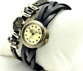 Vintage Weaving Leather Band Classic Face Watches Lady Women Girl Quartz Wrist Watch Black