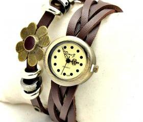 Vintage Weaving Leather Flower Band Classic Face Woman Girl Quartz Wrist Watch Brown